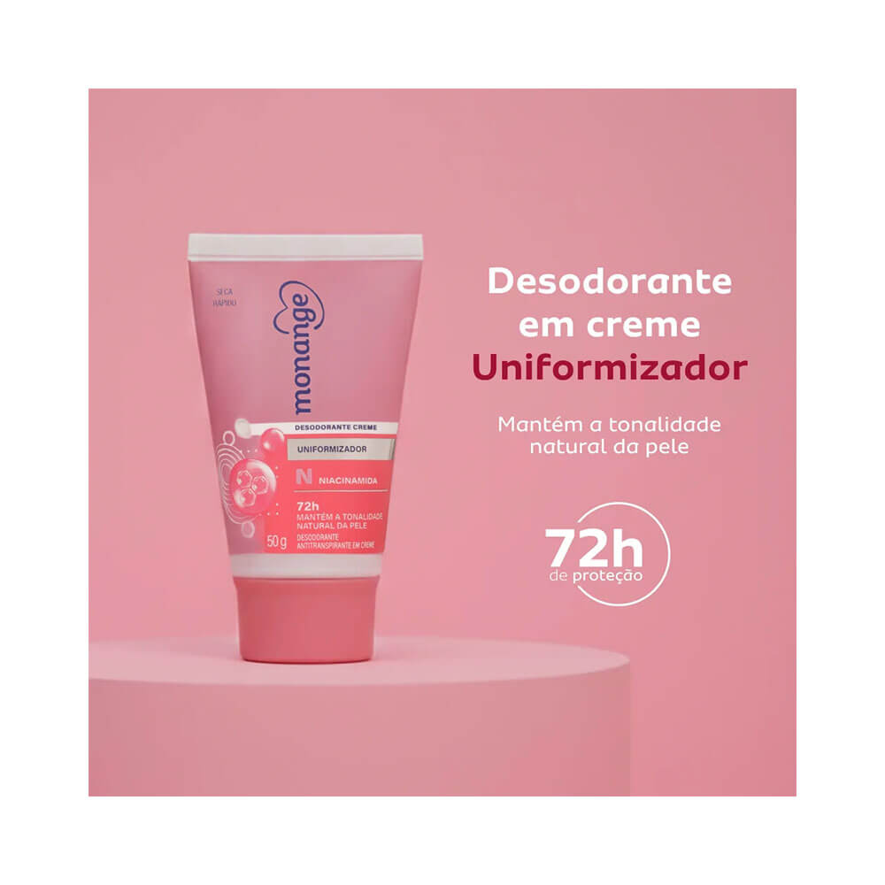 Produto Desodorante Creme Monange Uniformizador 50g destacado sobre base circular com fundo rosa claro